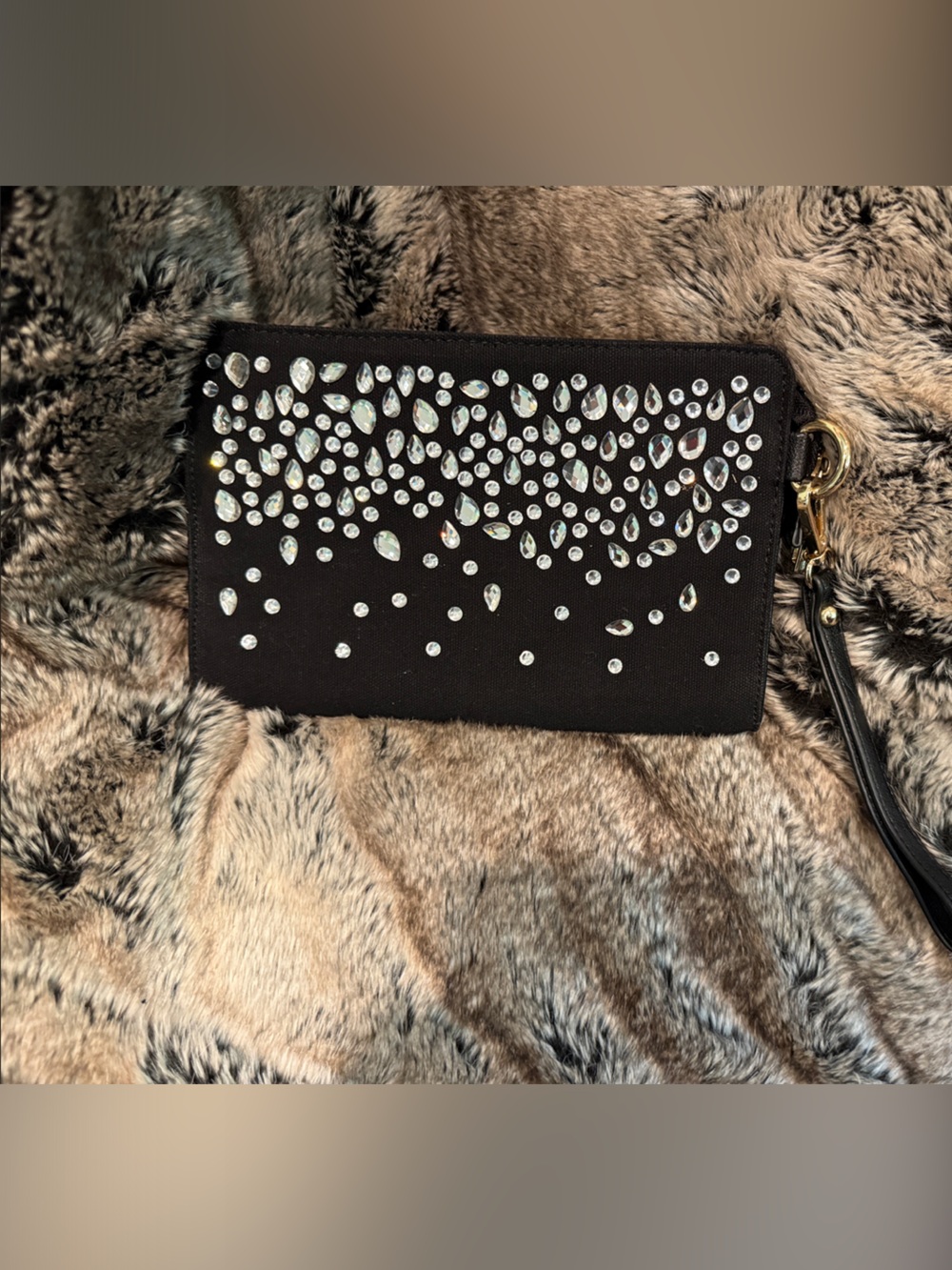 Embellished Black Wristlet Clutch with Crystal Accents